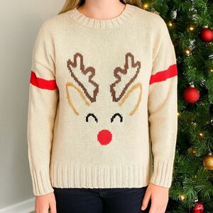 Made With Love Reindeer Holiday Tan Drop Sleeves Pullover Sweater Size Small NWT